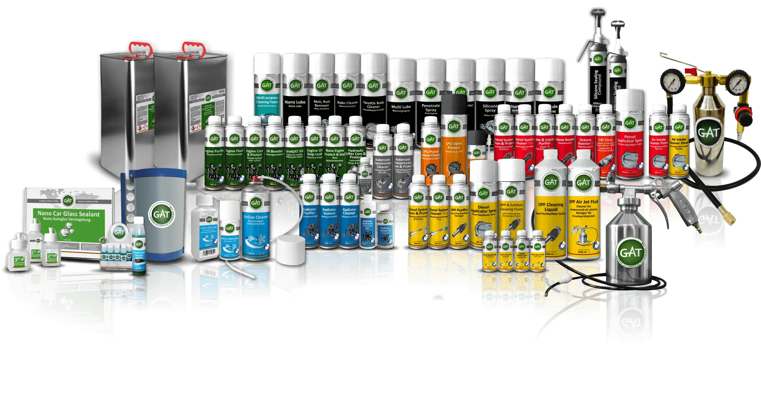 GAT:s produktsortiment: systemrengörare, tillsatser, aerosoler och tryckluftsutrustning